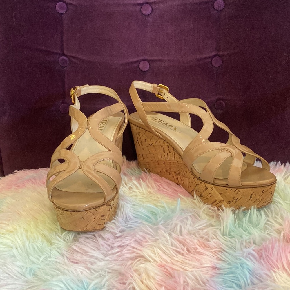 Prada Patent Leather Cork Wedge Sandal